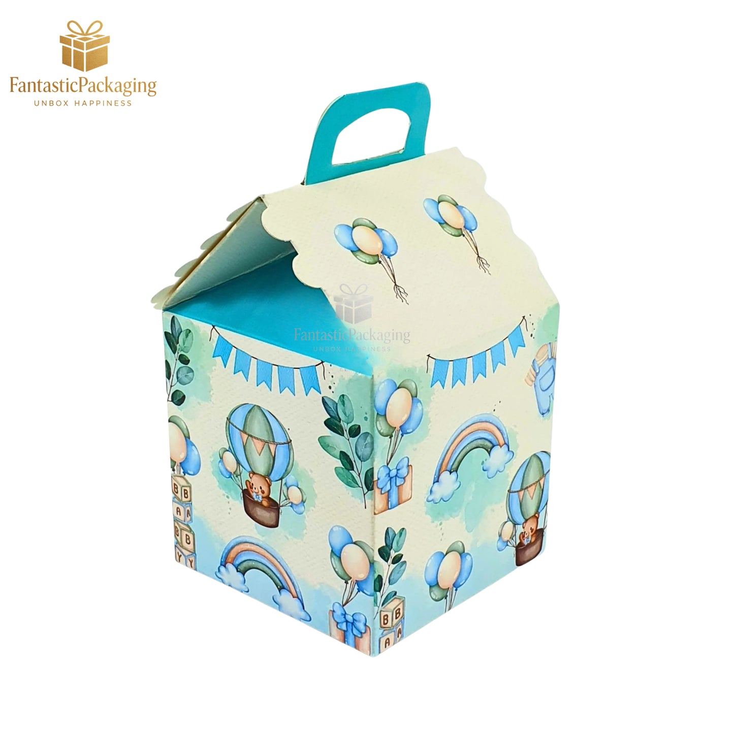 Blue Sky Hut Gift Box – Adorable Cottage-Style Baby Theme Packaging (4"x4"x6.75")
