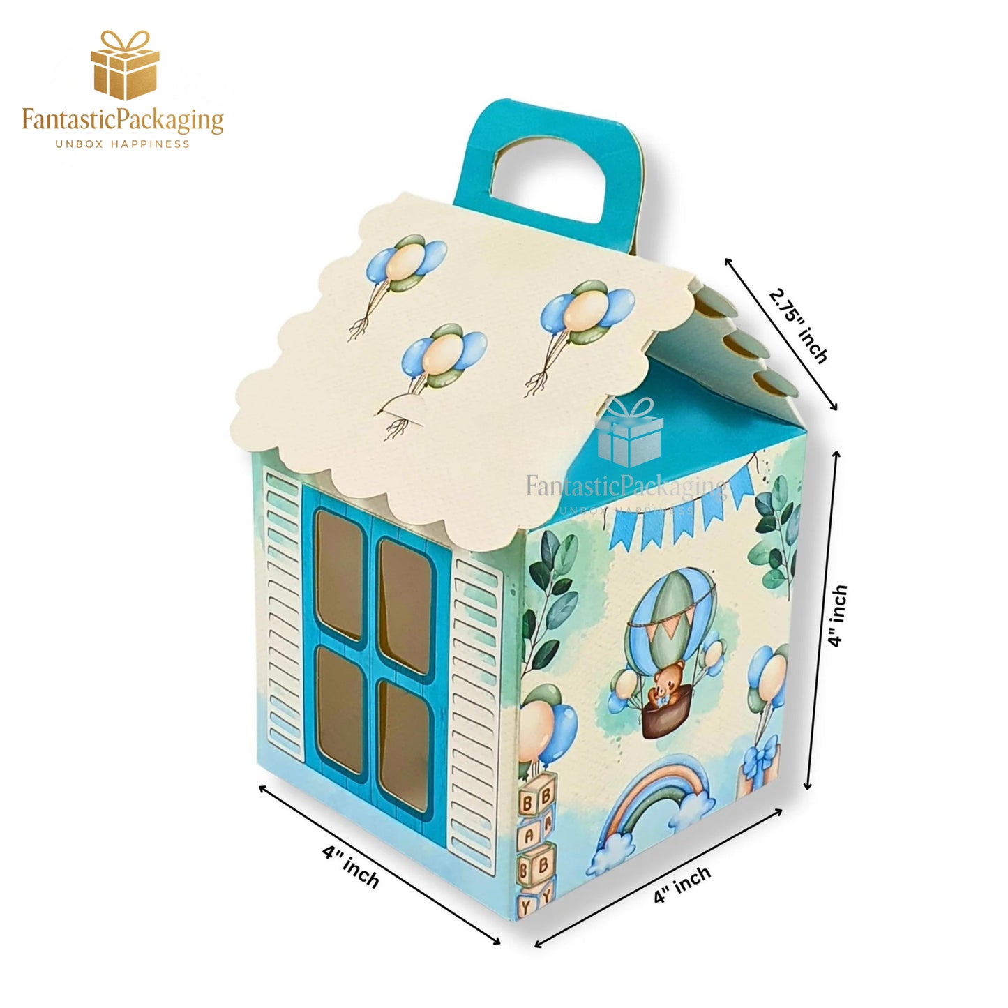Blue Sky Hut Gift Box – Adorable Cottage-Style Baby Theme Packaging (4"x4"x6.75")