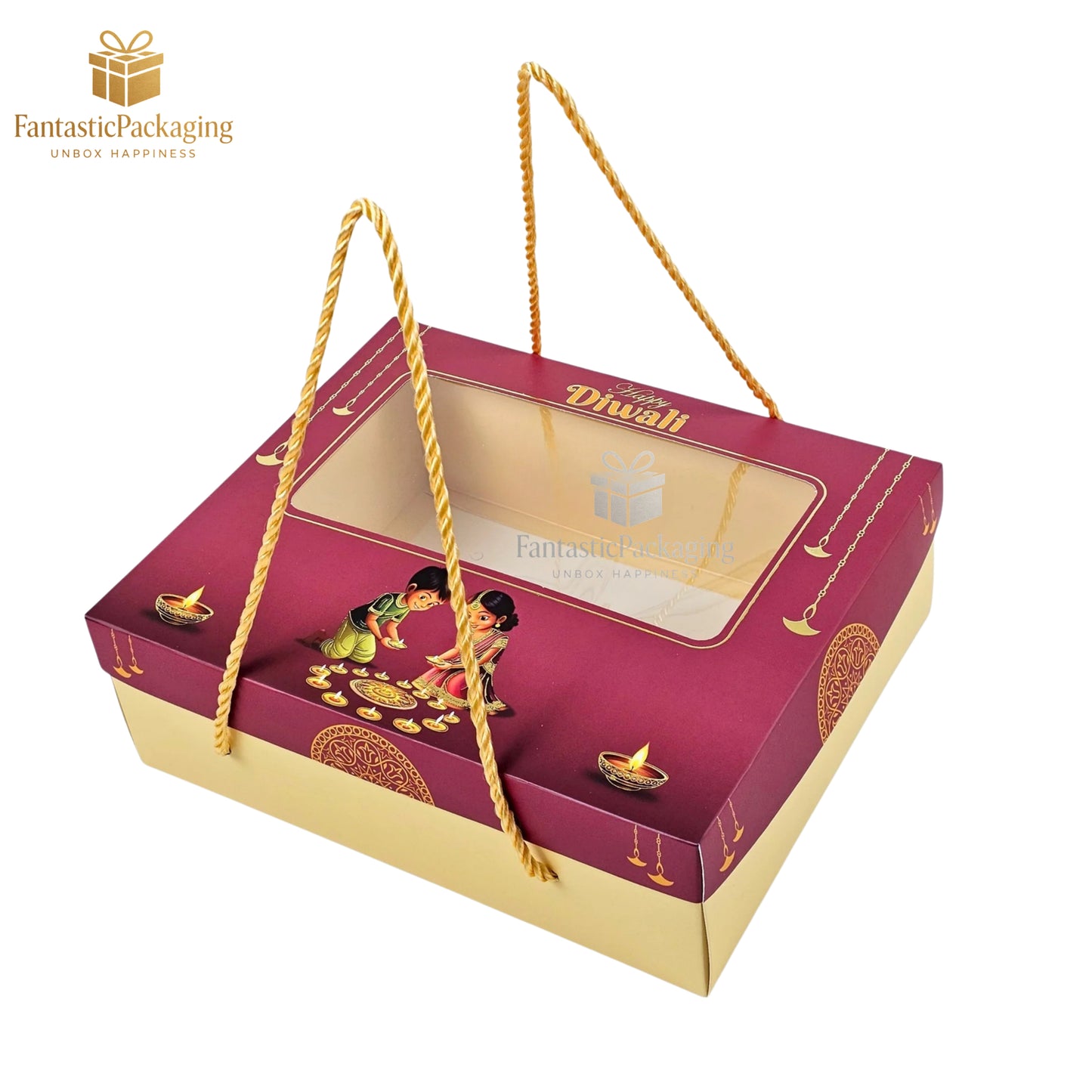 Premium Diwali Gift Hamper Box | Maroon & Cream with Rope Handle | Festive Packaging