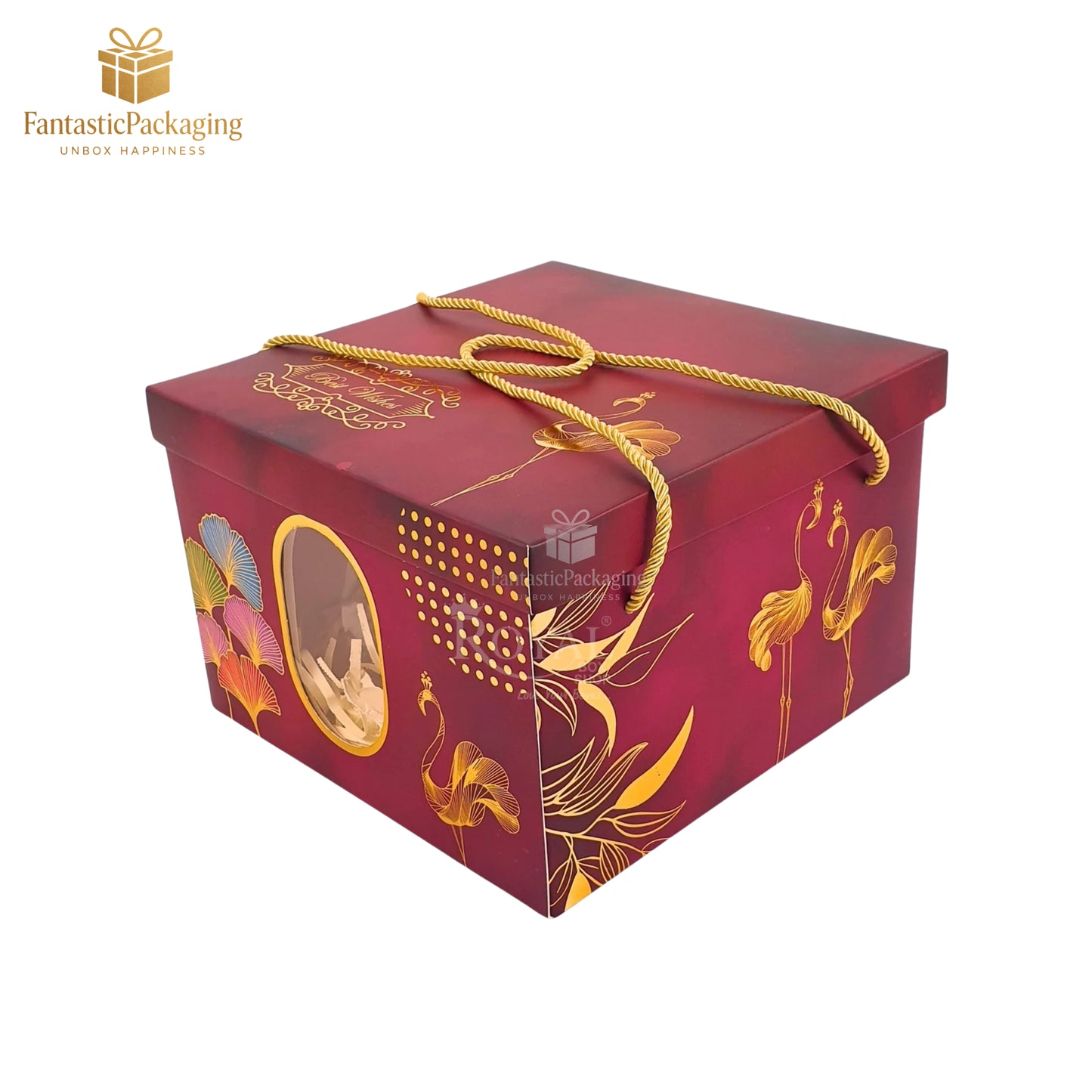 Crimson Elegance Window Gift Box with Golden Flamingo Design – 9"x9"x6"