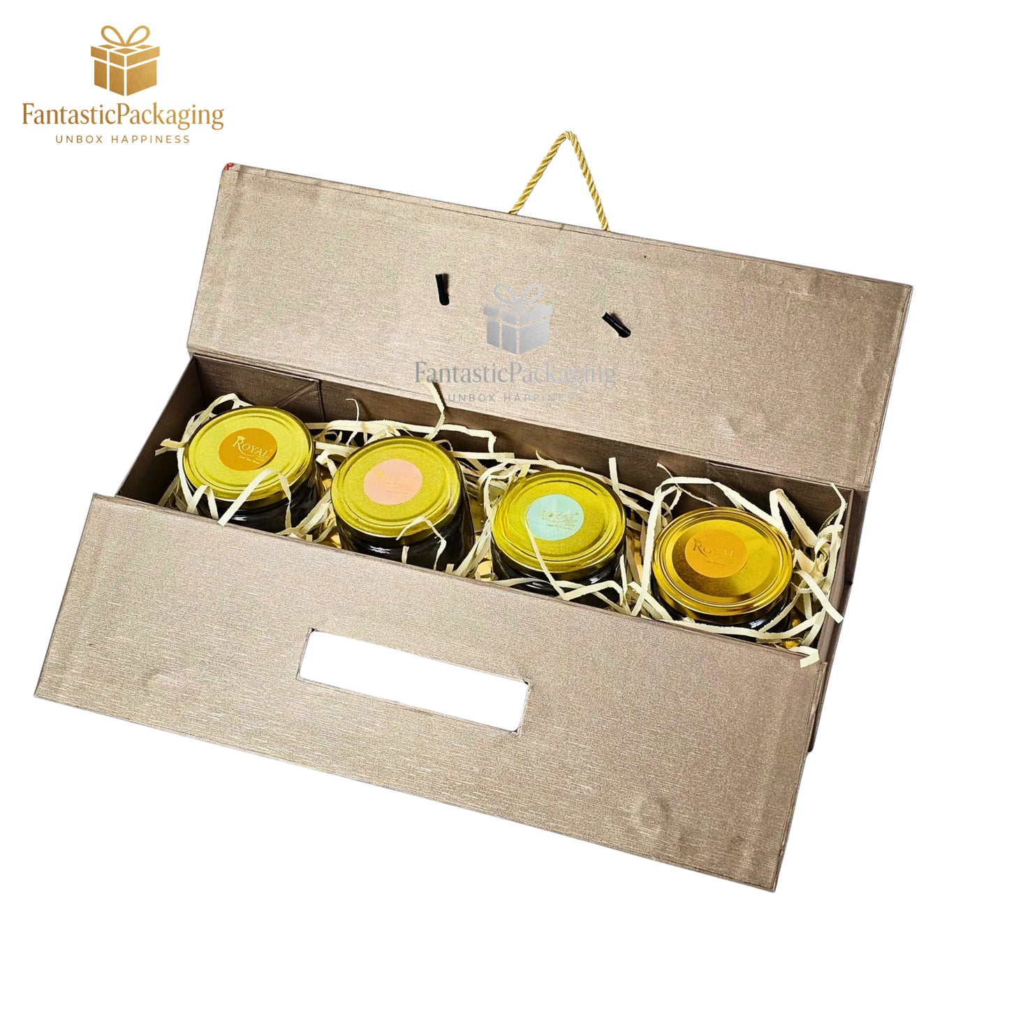π Luxe 4 Jar Gift Box with Golden Handle | Elegant Brown Rigid Hamper Box for Festive Gifting