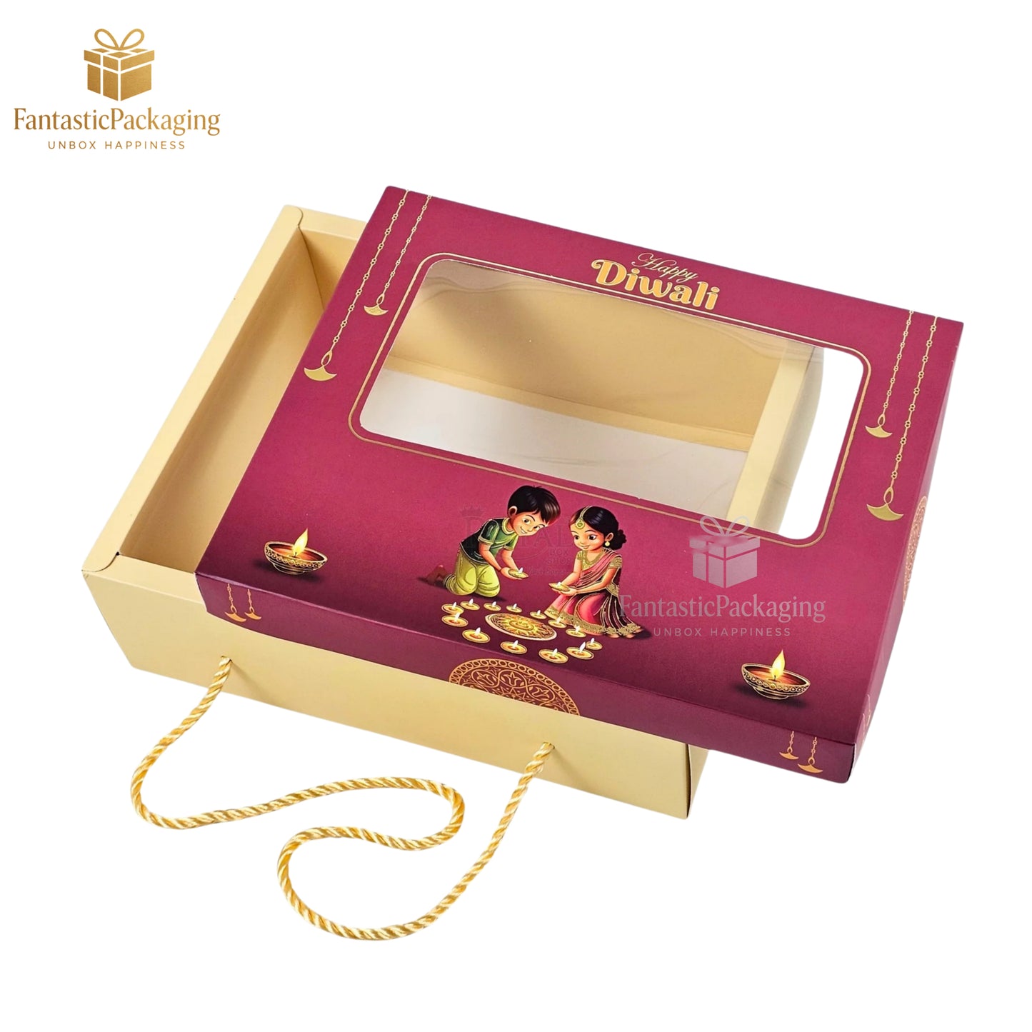 Premium Diwali Gift Hamper Box | Maroon & Cream with Rope Handle | Festive Packaging