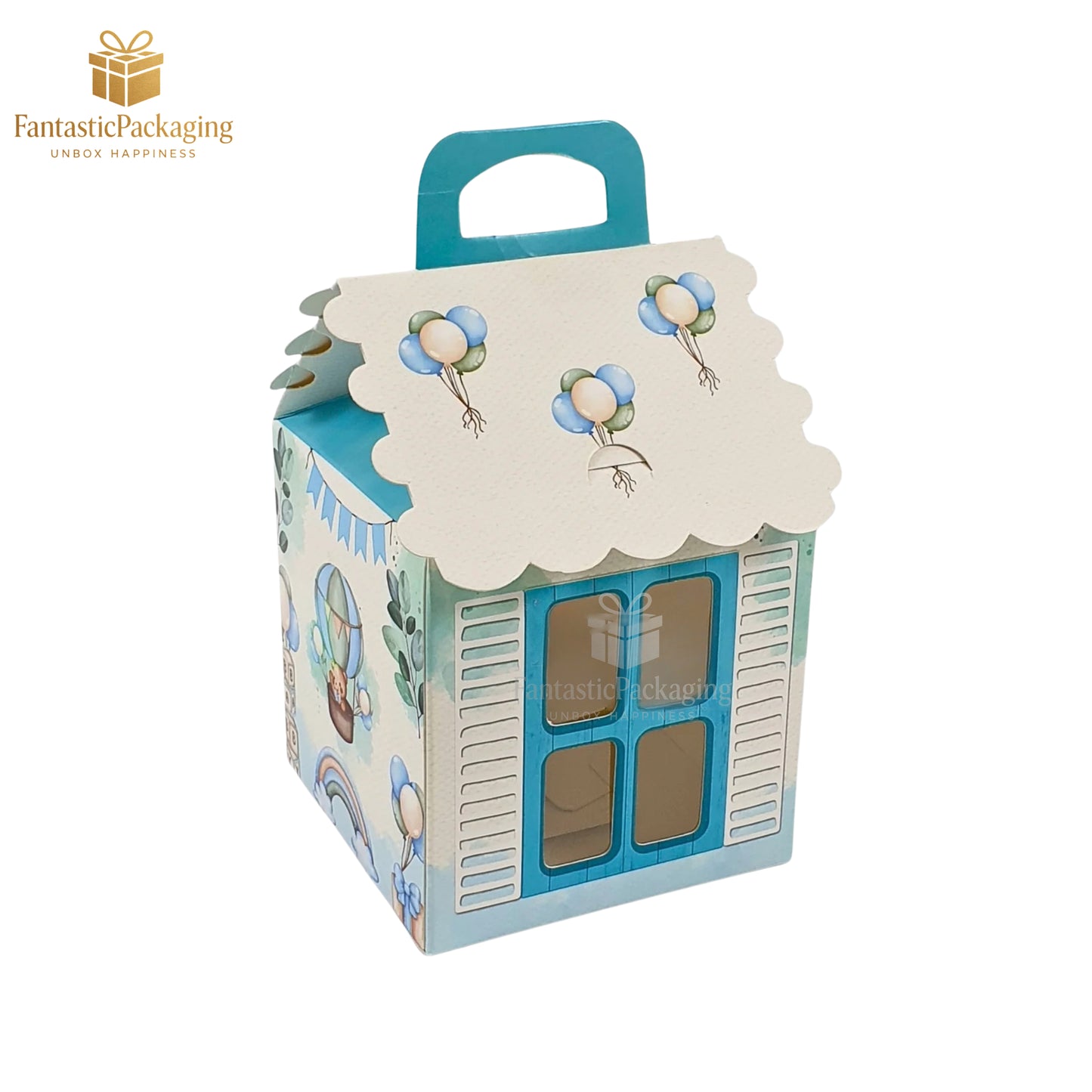 Blue Sky Hut Gift Box – Adorable Cottage-Style Baby Theme Packaging (4"x4"x6.75")