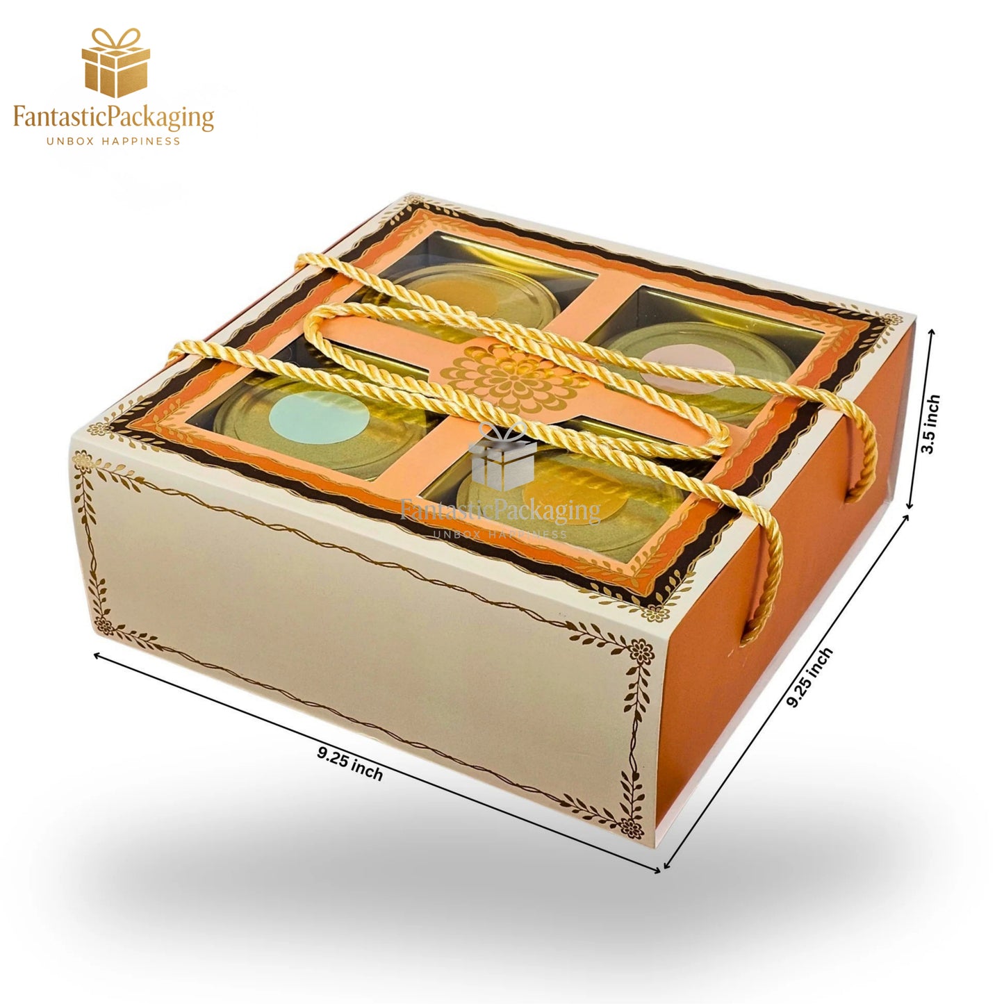 Premium 4 Jar Square Dry Fruit Hamper Box | Festive Gift Packaging with Rope Handle