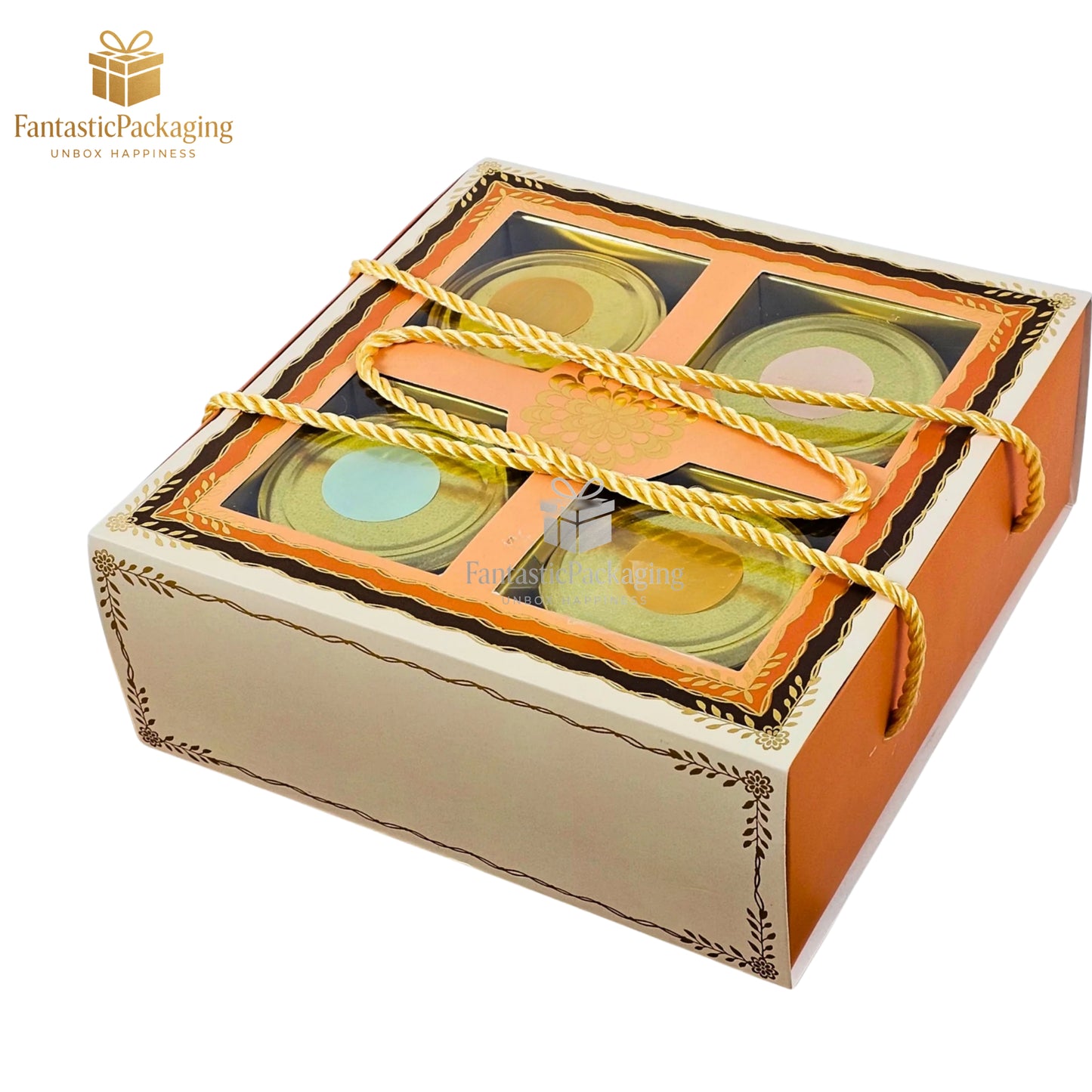 Premium 4 Jar Square Dry Fruit Hamper Box | Festive Gift Packaging with Rope Handle
