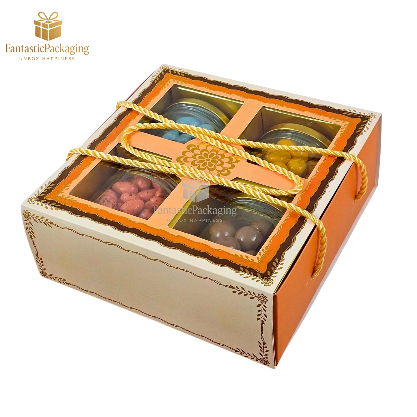 Premium 4 Jar Square Dry Fruit Hamper Box | Festive Gift Packaging with Rope Handle