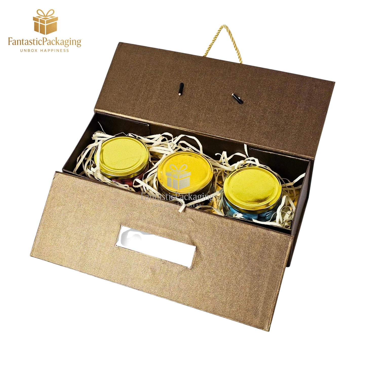 🍫 Luxe 3 Jar Rigid Gift Box with Rope Handle | Premium Chocolate & Hamper Packaging ✨