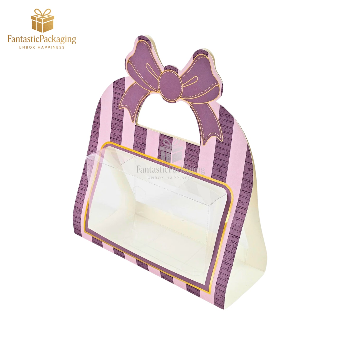 π Cute Bow Handle Paper Gift Box | Purple Striped Window Box for Gifting π