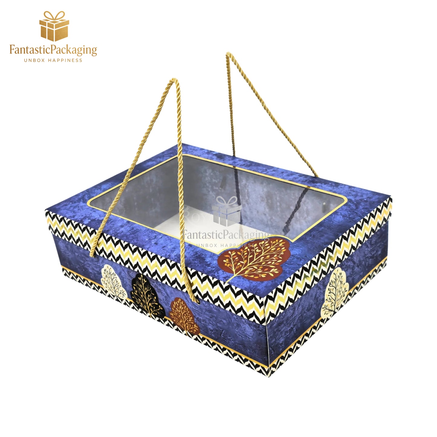 Blue Leaf Window Gift Box – Premium Rope Handle & Transparent Lid
