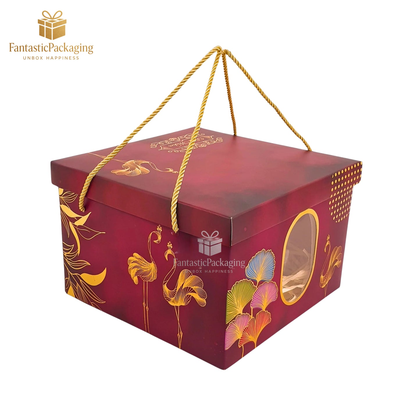 Crimson Elegance Window Gift Box with Golden Flamingo Design – 9"x9"x6"