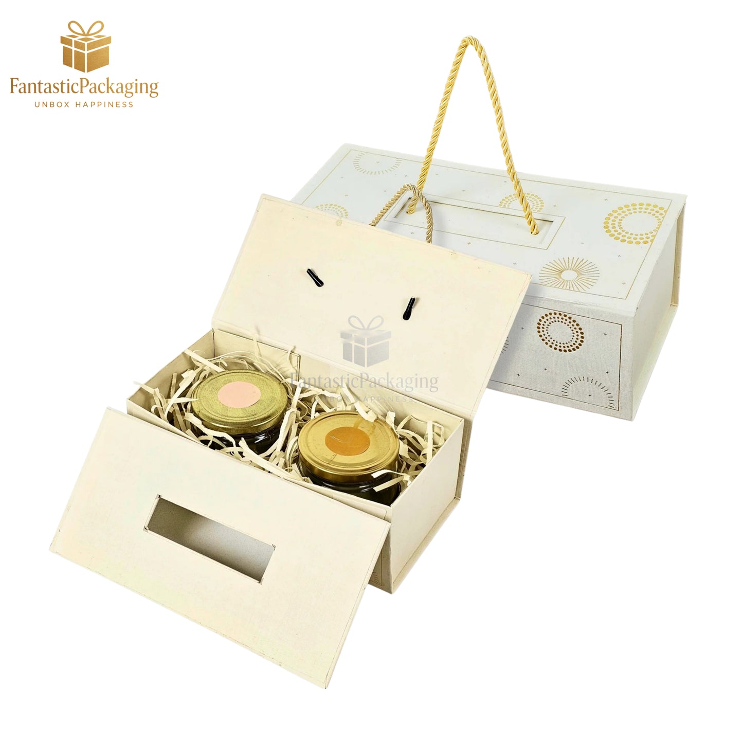 Festive 2 Jar Rigid Hamper Box ๐ โ Elegant Cream & Gold Gift Packaging