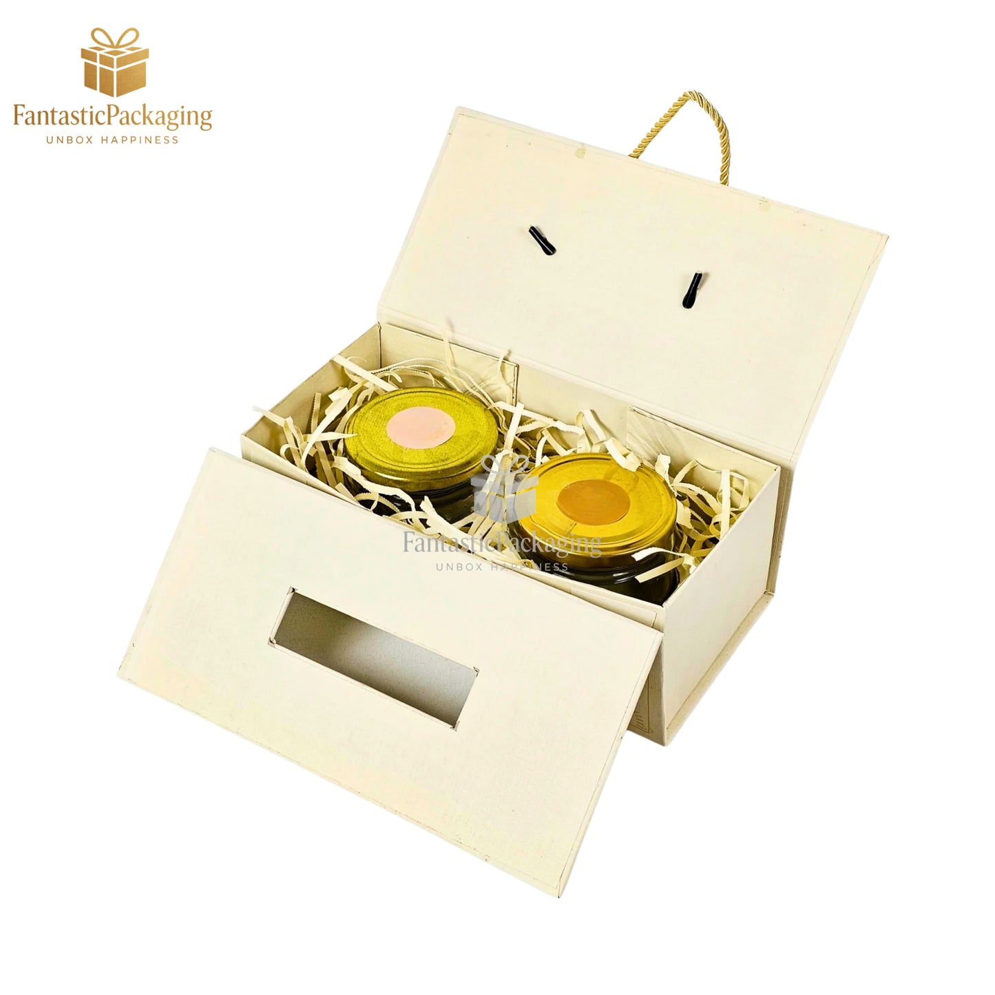 Festive 2 Jar Rigid Hamper Box ๐ โ Elegant Cream & Gold Gift Packaging