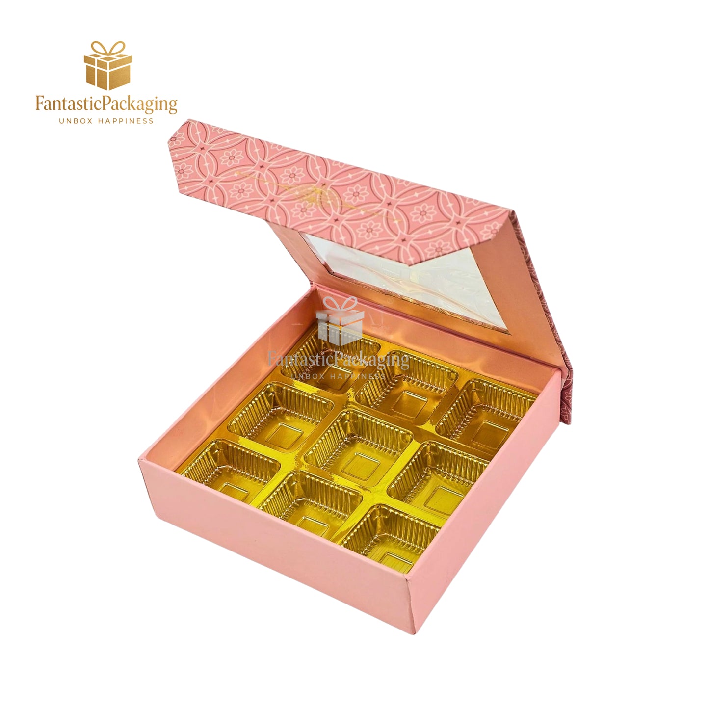 🌸 Premium 9 Cavity Pink Rigid Chocolate Box with Magnetic Flap & Window Display ✨