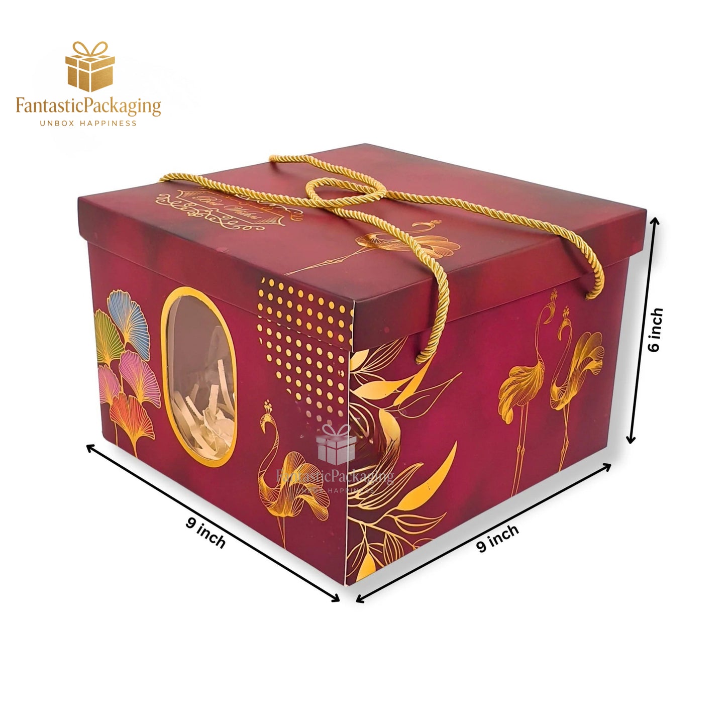 Crimson Elegance Window Gift Box with Golden Flamingo Design – 9"x9"x6"