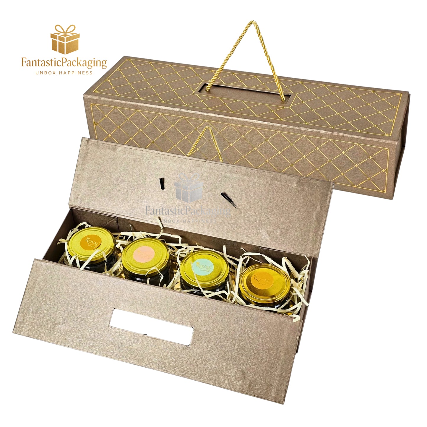 π Luxe 4 Jar Gift Box with Golden Handle | Elegant Brown Rigid Hamper Box for Festive Gifting