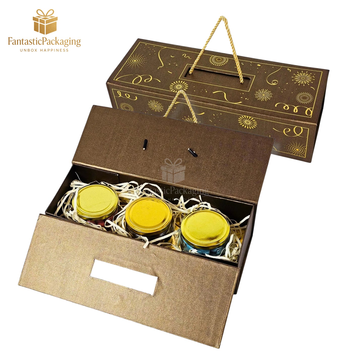 🍫 Luxe 3 Jar Rigid Gift Box with Rope Handle | Premium Chocolate & Hamper Packaging ✨