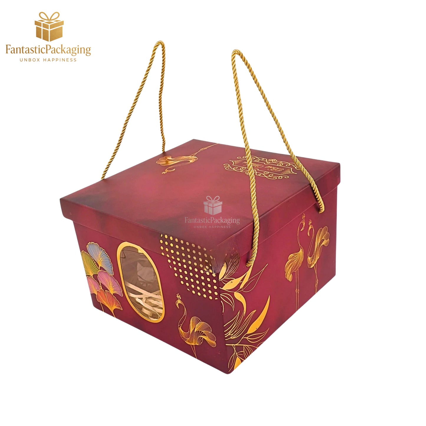 Crimson Elegance Window Gift Box with Golden Flamingo Design – 9"x9"x6"