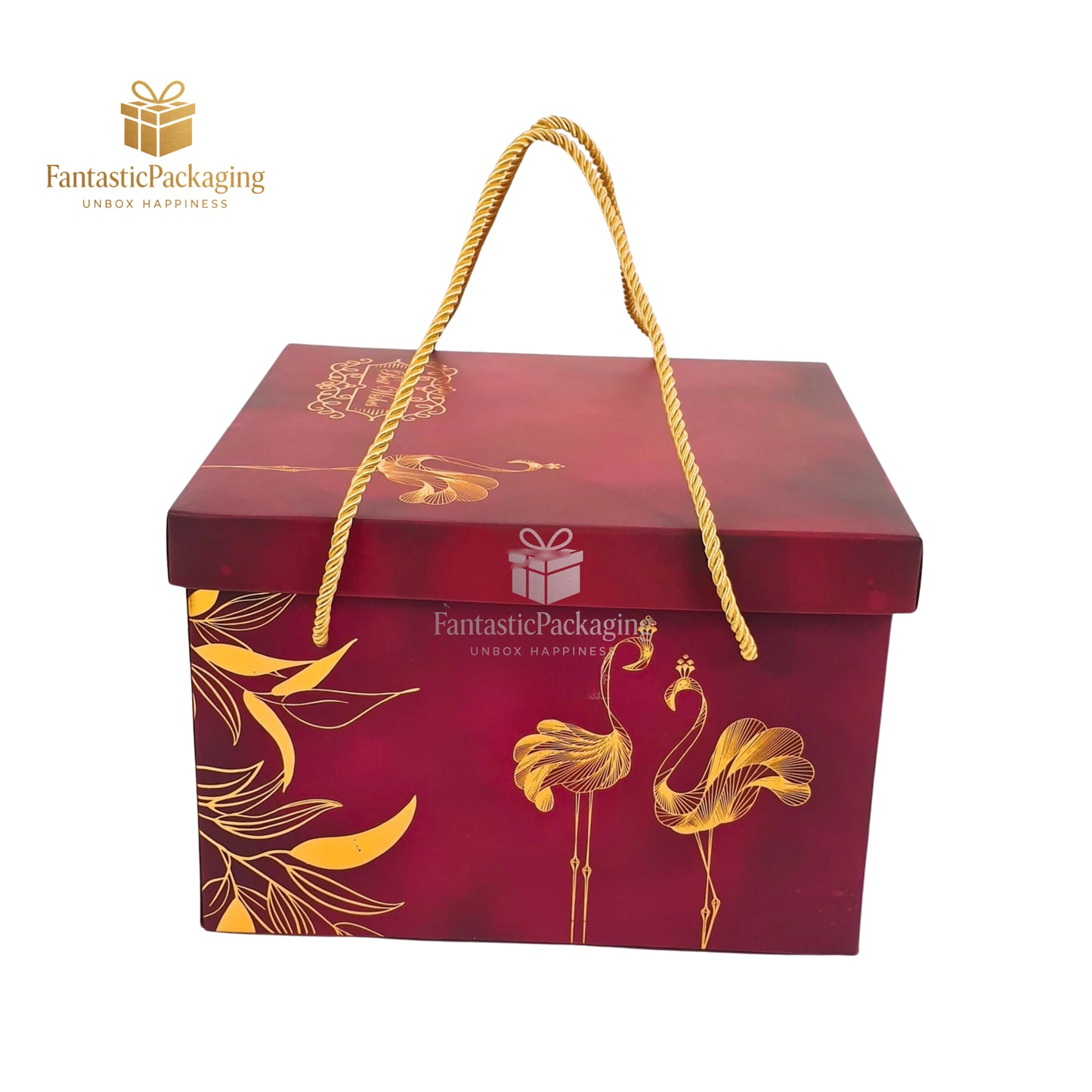 Crimson Elegance Window Gift Box with Golden Flamingo Design – 9"x9"x6"