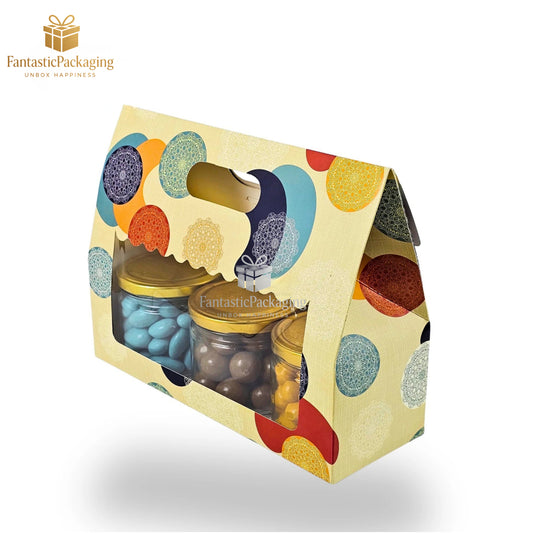 3 Mason Jar Paper Carry Bag | Cream with Mandala Print | Premium Gift Packaging