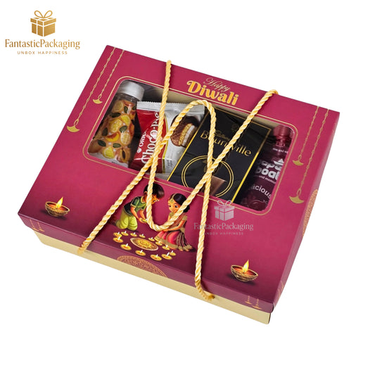 Premium Diwali Gift Hamper Box | Maroon & Cream with Rope Handle | Festive Packaging