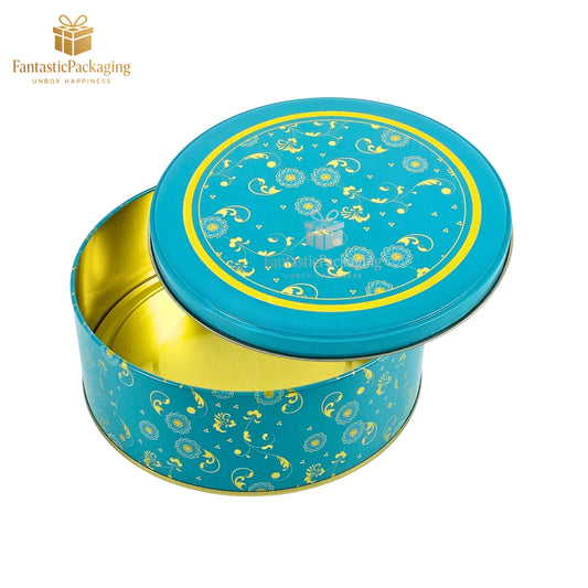 Azure Charm Round Tin Box – Premium Blue Metal Gift Box (5.5"x3")