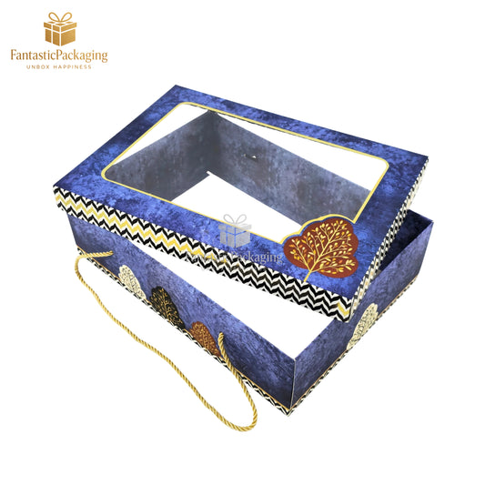 Blue Leaf Window Gift Box – Premium Rope Handle & Transparent Lid
