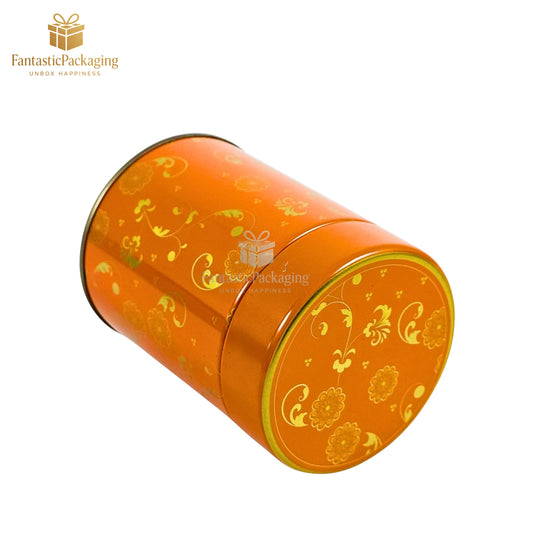 🧡 Premium Floral Tin Jar | Elegant Orange Round Storage Container 🌸