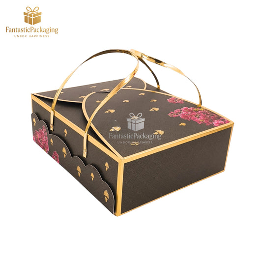 🌸 Luxury Floral Handle Gift Box | Elegant Brown & Gold
