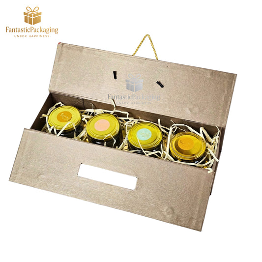 🎀 Luxe 4 Jar Gift Box with Golden Handle | Elegant Brown Rigid Hamper Box for Festive Gifting
