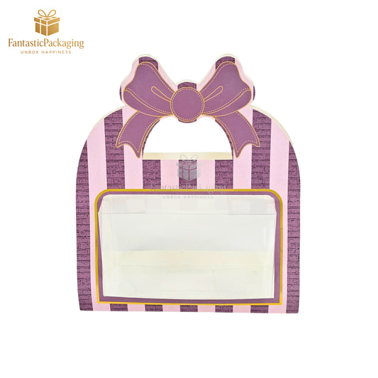 💜 Cute Bow Handle Paper Gift Box | Purple Striped Window Box for Gifting 💝