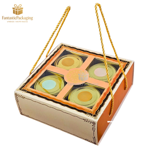 Premium 4 Jar Square Dry Fruit Hamper Box | Festive Gift Packaging with Rope Handle
