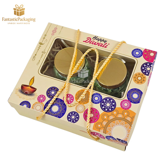 Designer Diwali Gift Hamper Box | Premium Foil Print & Rope Handle | Luxury Festive Packaging
