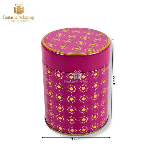 Royal Bloom Cylindrical Tin Box – Elegant Magenta Metal Storage (3"x4")