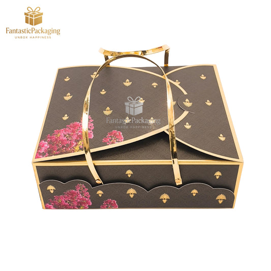 🌸 Luxury Floral Handle Gift Box | Elegant Brown & Gold