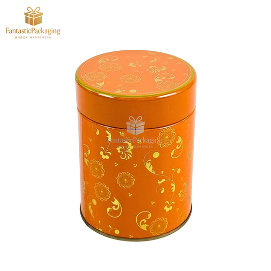 🧡 Premium Floral Tin Jar | Elegant Orange Round Storage Container 🌸