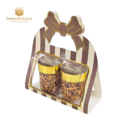 🤎 Cute Bow Handle Paper Gift Box | Brown Striped Window Box for Gifting 💝