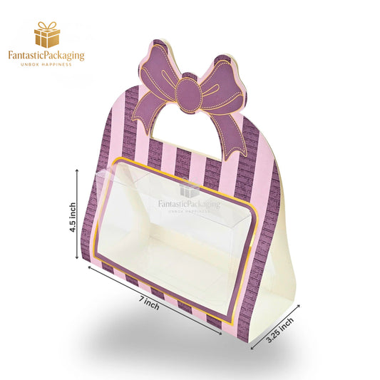 💜 Cute Bow Handle Paper Gift Box | Purple Striped Window Box for Gifting 💝
