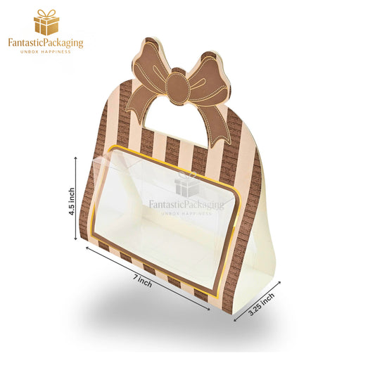 🤎 Cute Bow Handle Paper Gift Box | Brown Striped Window Box for Gifting 💝